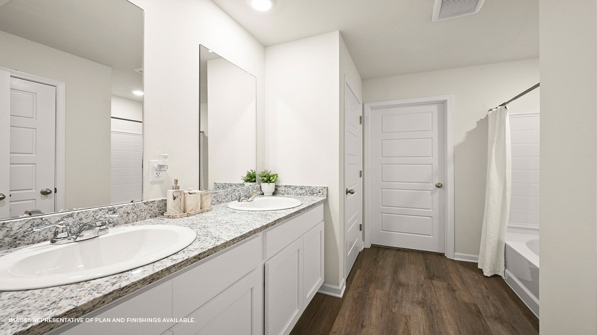 dual vanities with shower tub combo
