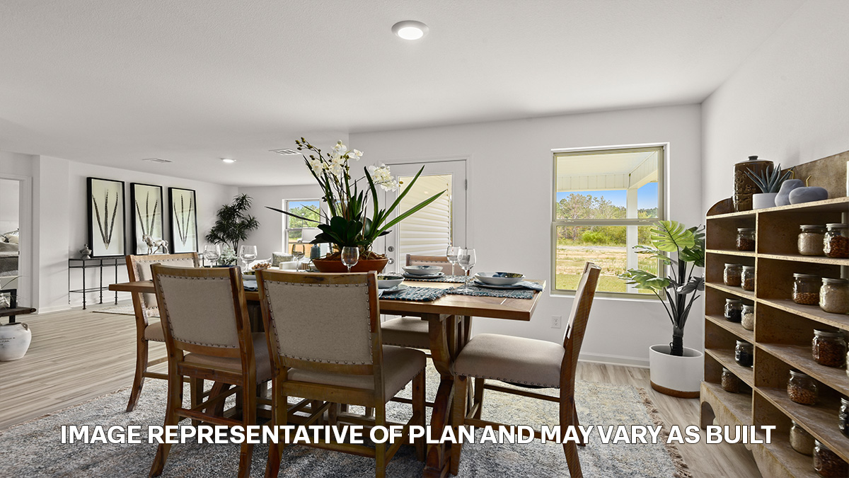 dining space and white kitchen island and cabinets
