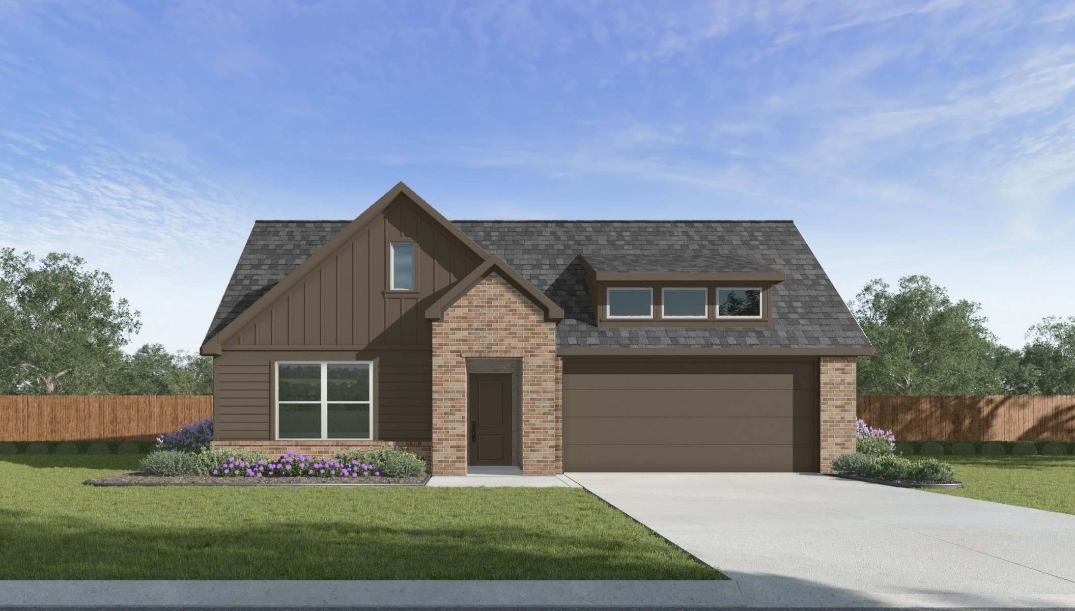 Single-story home rendering with two-car garage.