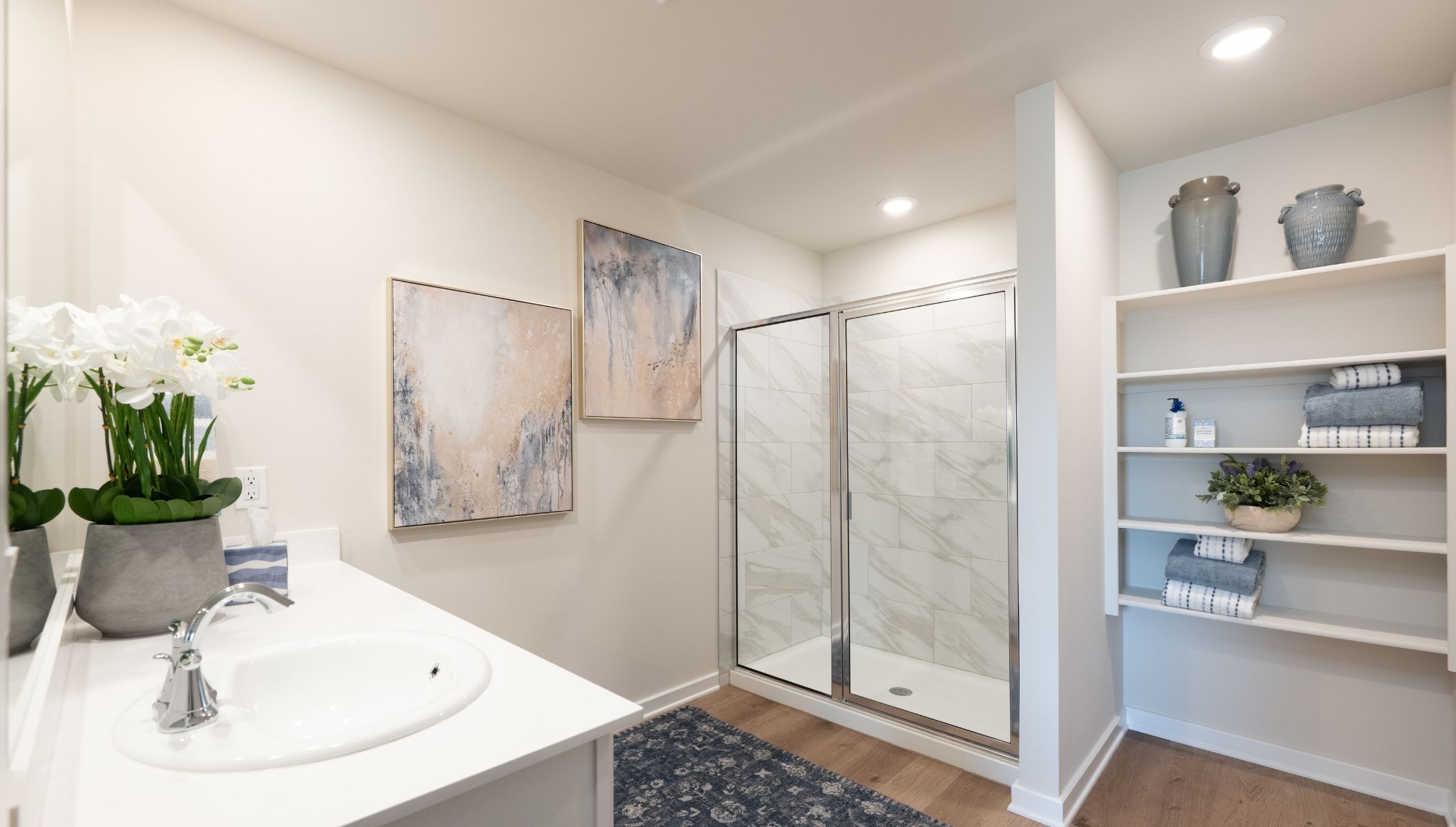 primary bathroom with shower and storage