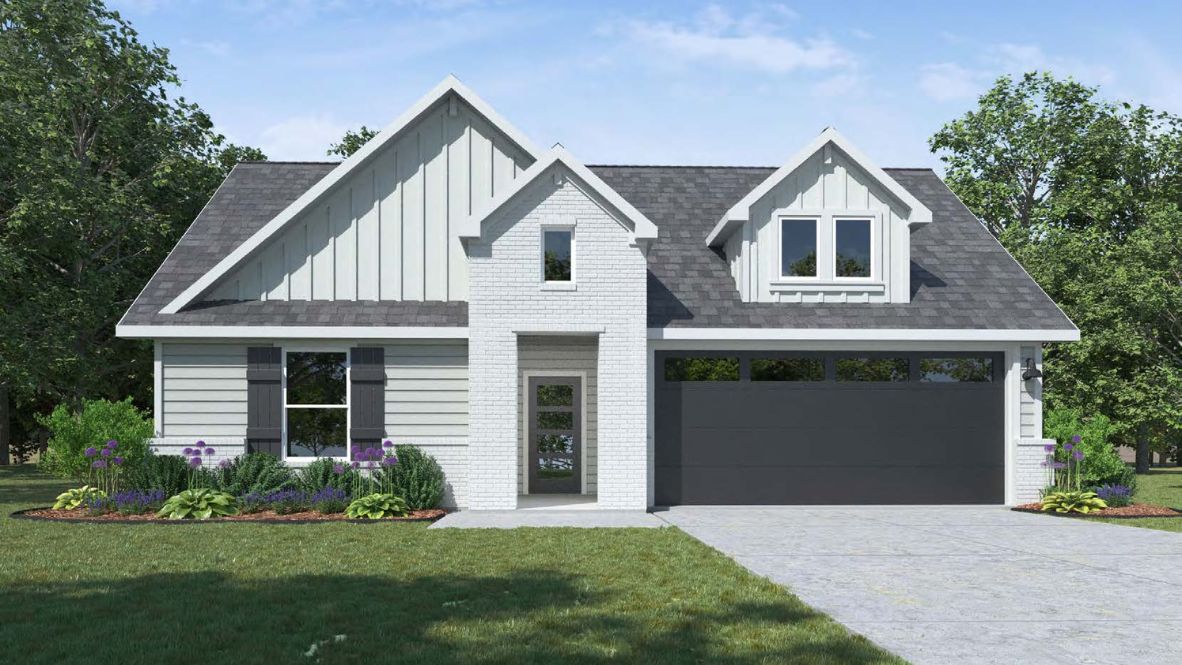 Single-story home rendering with two-car garage.