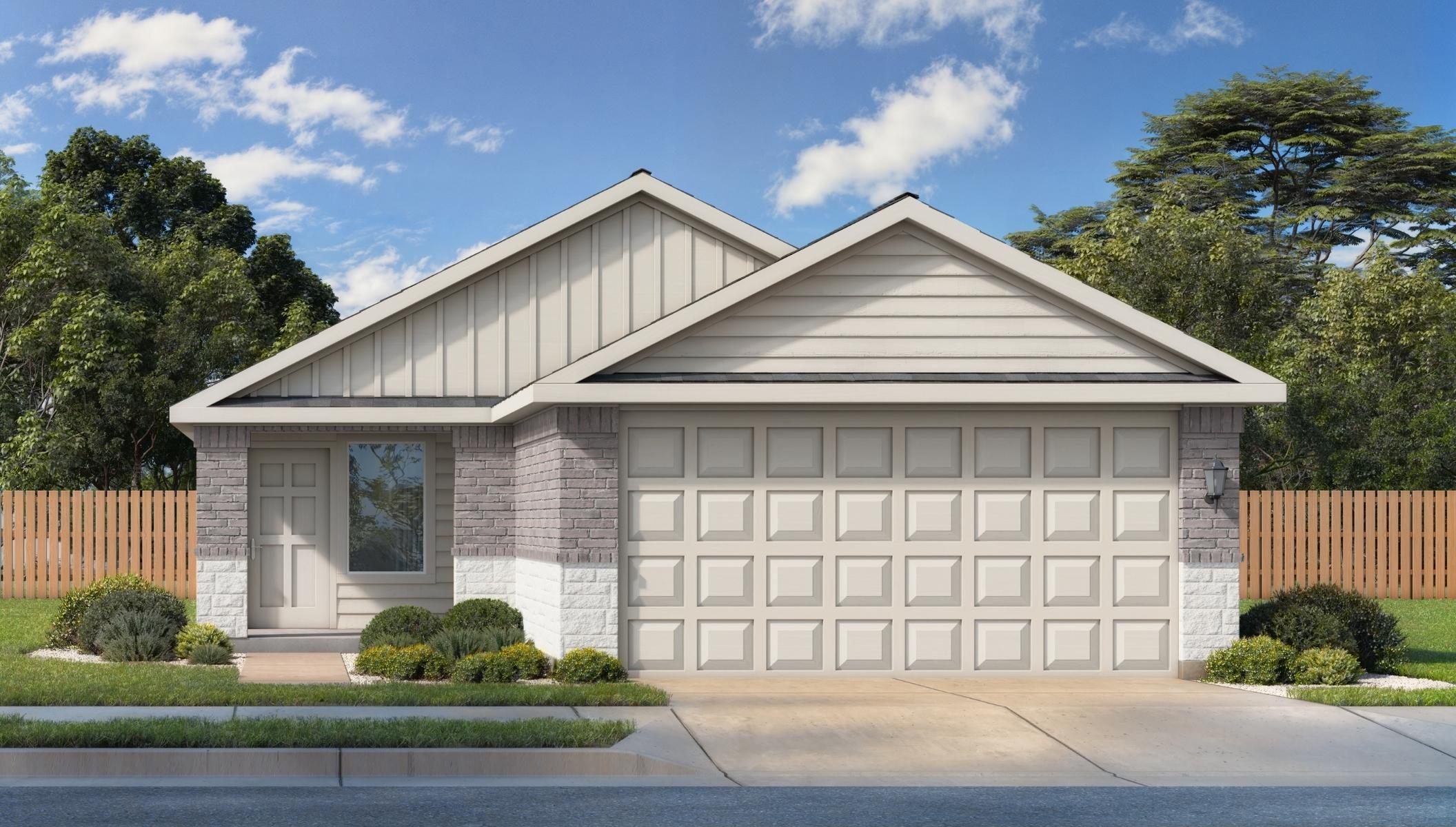 New home rendering of single story floor plan with siding