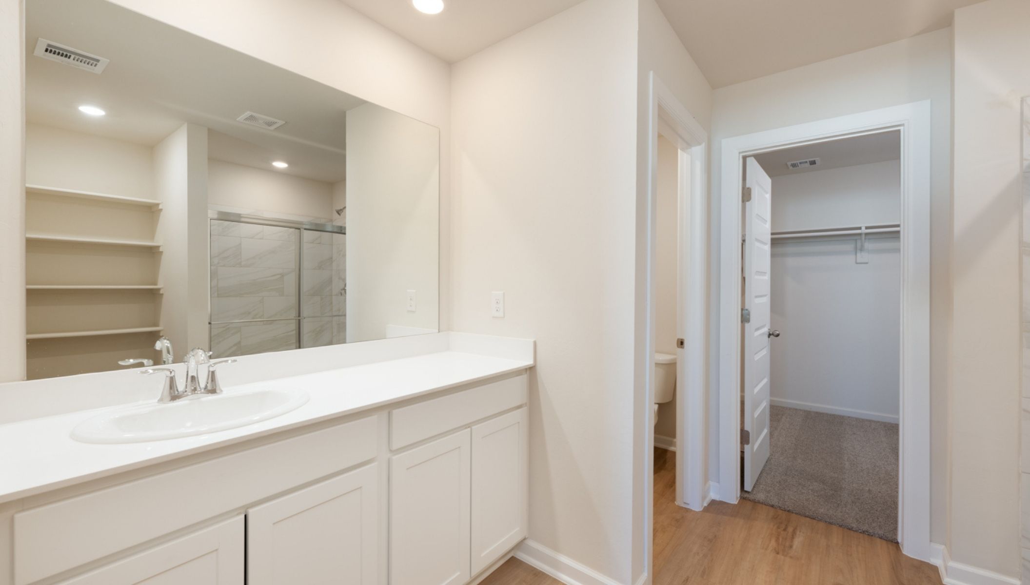 primary bathroom with vanity and walk in closet