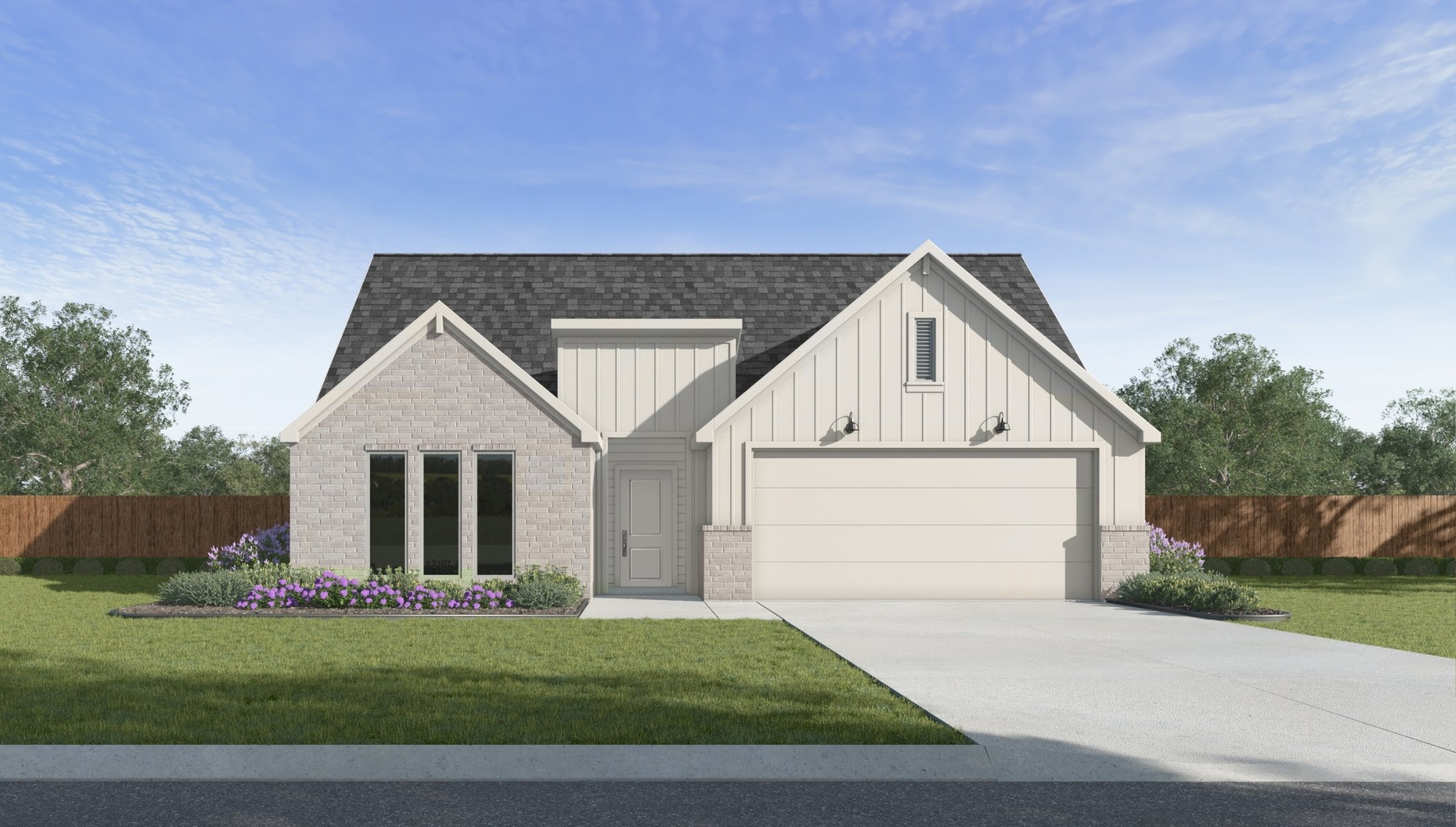 Single-story home rendering with two-car garage.