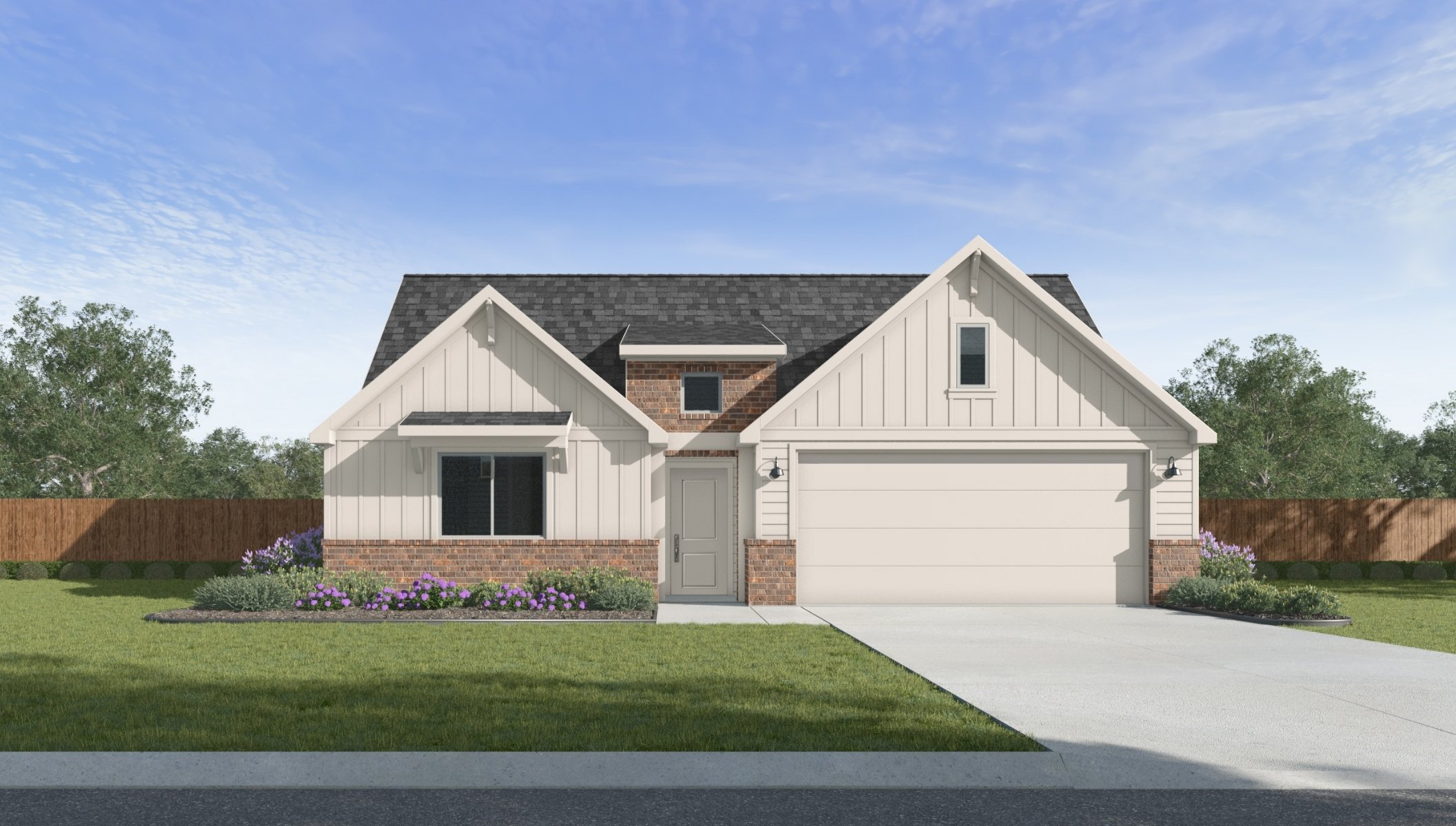 Single-story home rendering with two-car garage.