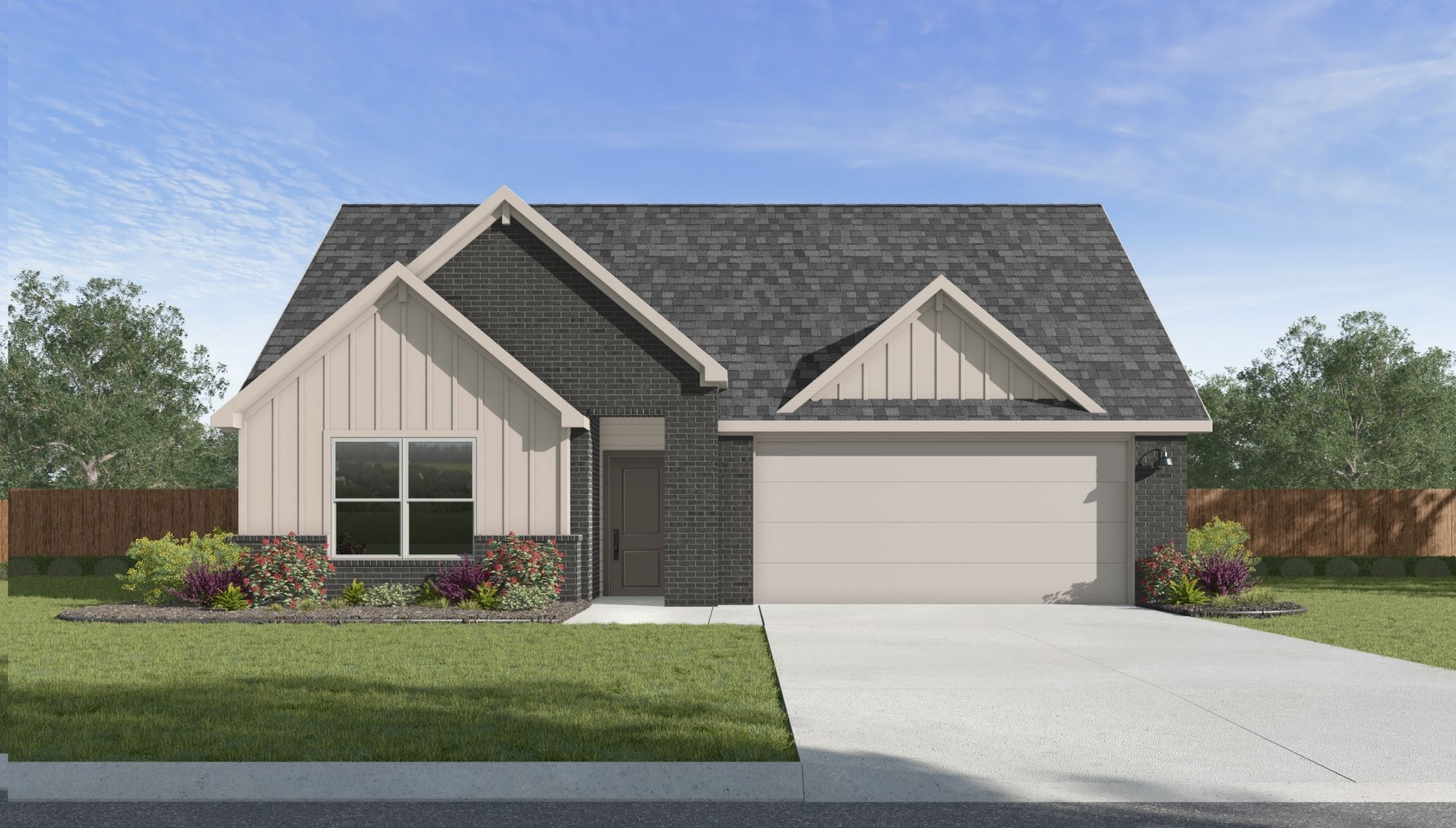 Single-story home rendering with two-car garage.