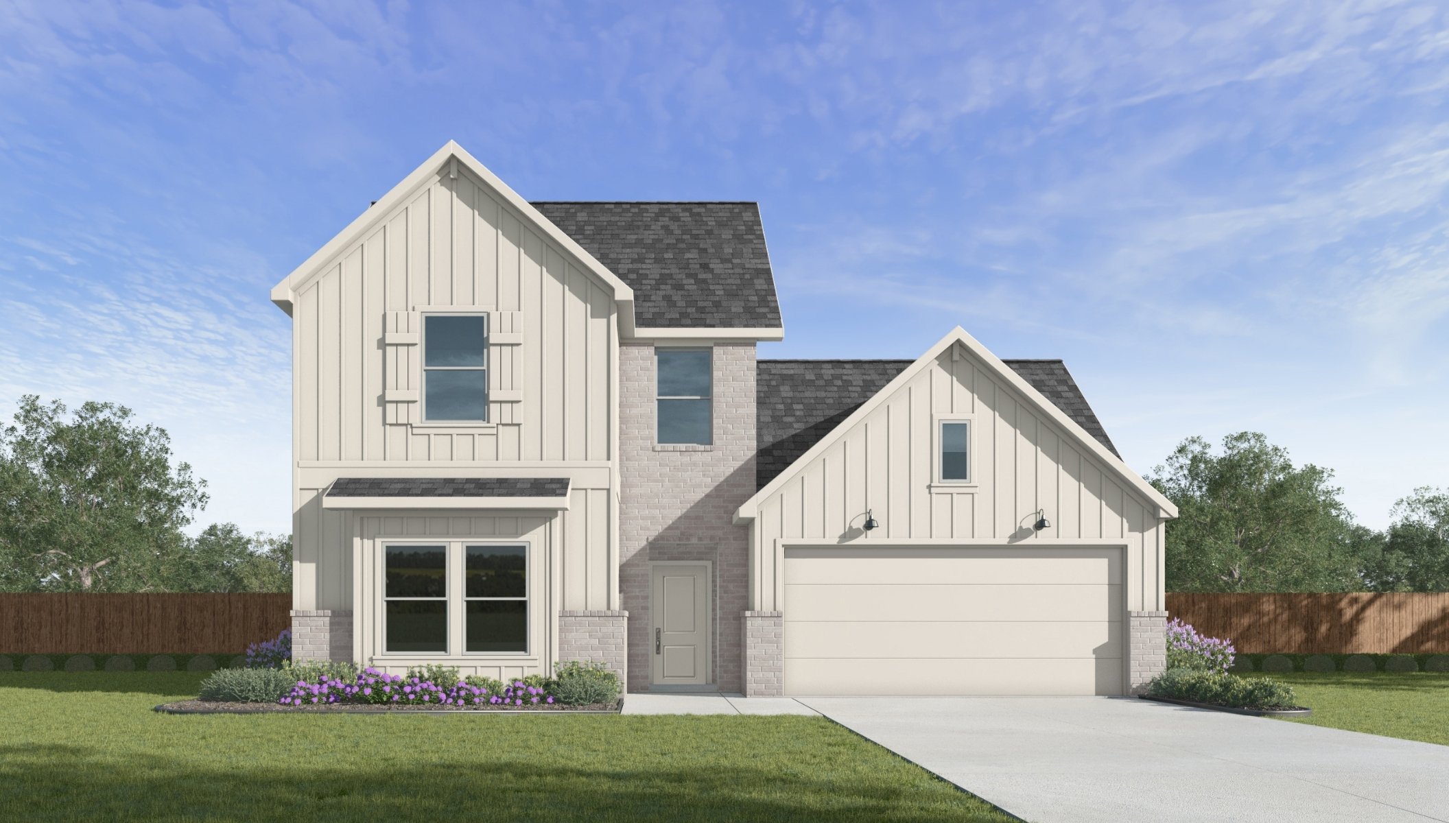 Two-story home rendering with two-car garage.