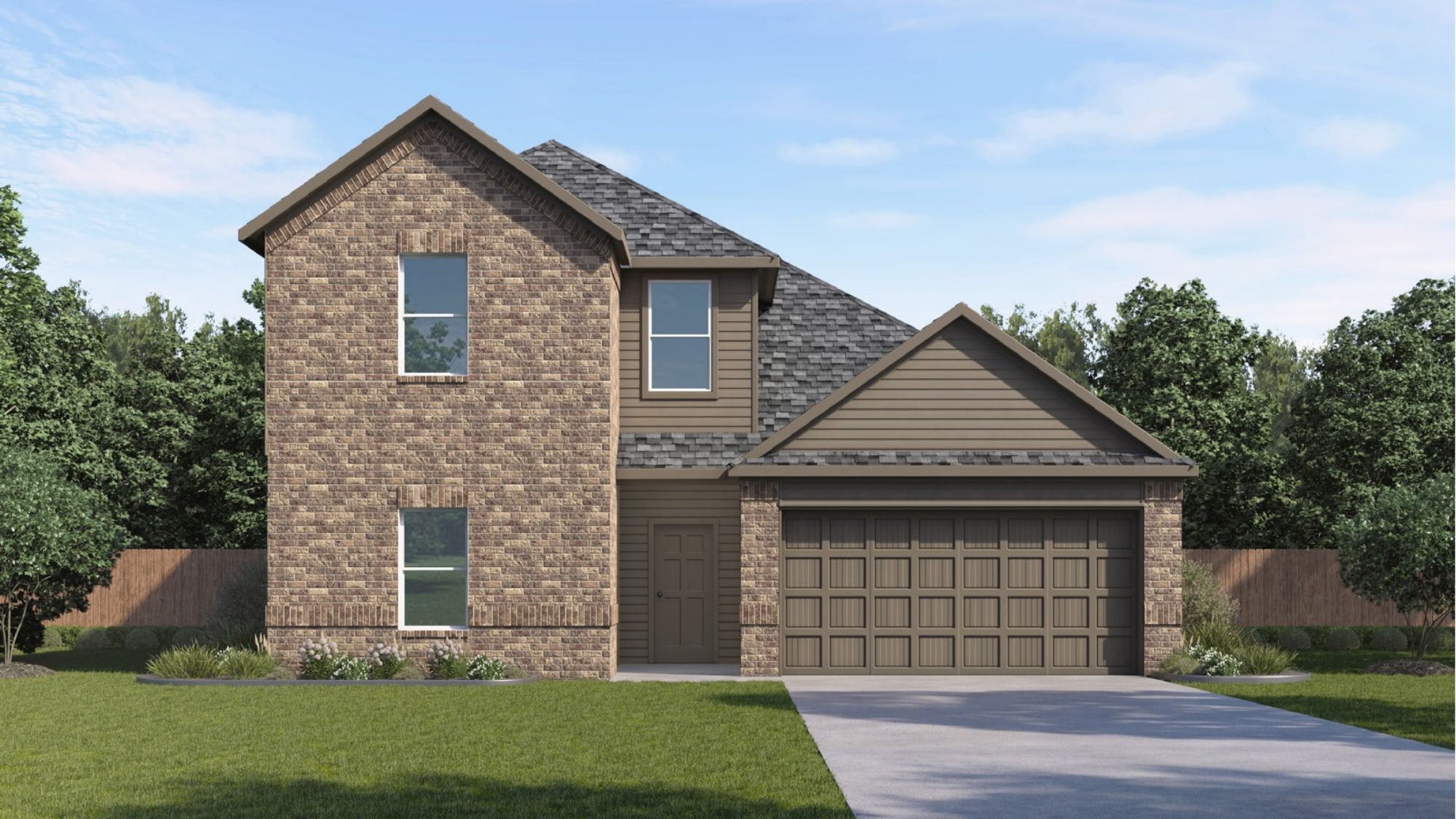 Two-story home rendering with two-car garage.