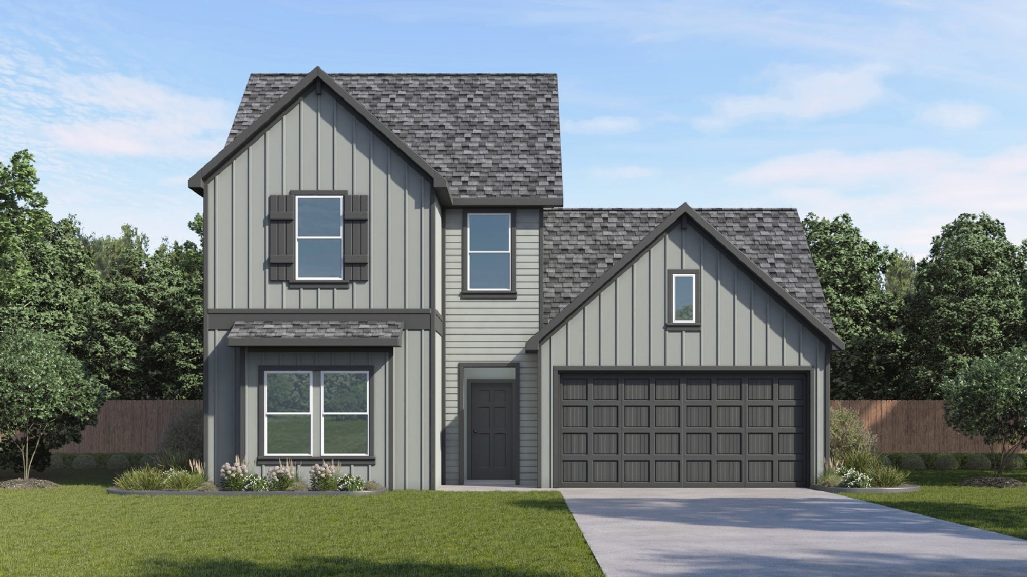 Two-story home rendering with two-car garage.