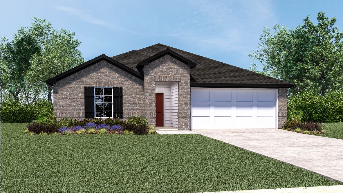 Single-story home rendering with two-car garage.