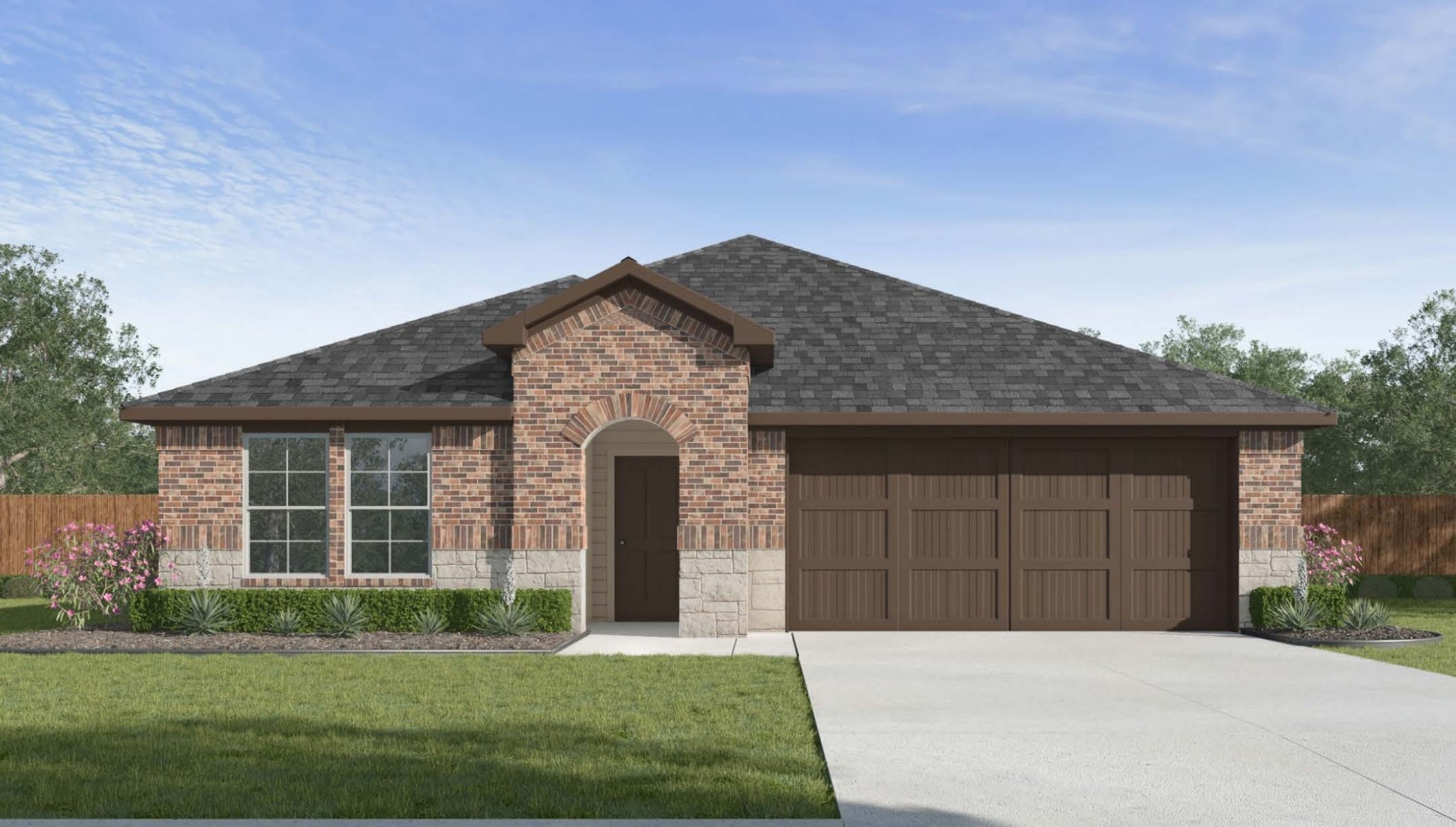 Single-story home rendering with two-car garage.