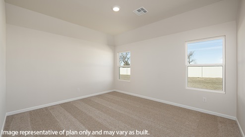 The Bellevue is one of our one-story floorplans featured in The Castlebrook community in Yukon, Oklahoma. With 2 modern brick or brick and rock exteriors to choose from, the Bellevue is sure to turn heads. Inside this 3 bedroom, 2 bathroom home, you’ll find 1,412 square feet of comfortable living. The living area is an open concept, where your kitchen, living, and dining areas blend seamlessly into a space perfect for everyday living and entertaining. The kitchen features shaker-style cabinets, quartz countertops, and stainless steel appliances, which are sure to both turn heads and make meal prep easy. You’ll never be too far from the action with the living and dining area right there. In every bedroom you’ll have carpeted floors and a closet in each room. Whether these rooms become bedrooms, office spaces, or other bonus rooms, there is sure to be comfort. The primary bedroom has its own attached bathroom that features a walk-in closet and all the space you need to get ready in the morning. Sharing a sink isn’t a worry with the double vanity, and you also get additional privacy with a separate door for the toilet and shower. Contact us today and find your home in Castlebrook.