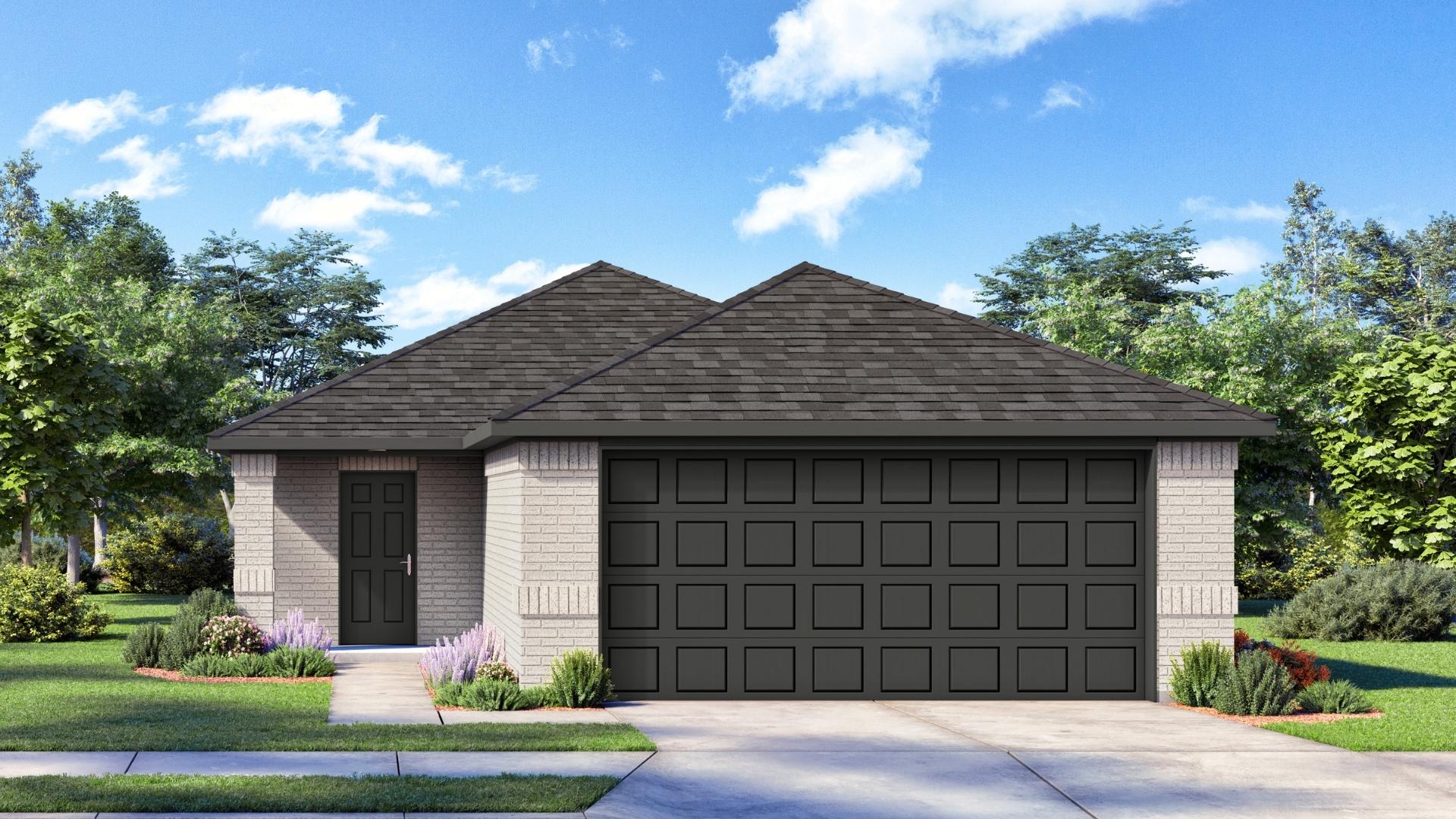 Single-story home rendering with two-car garage.