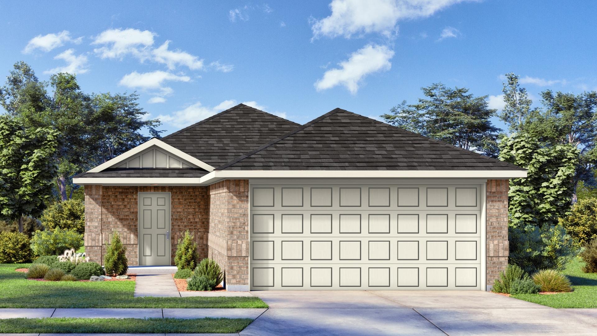 Single-story home rendering with two-car garage.
