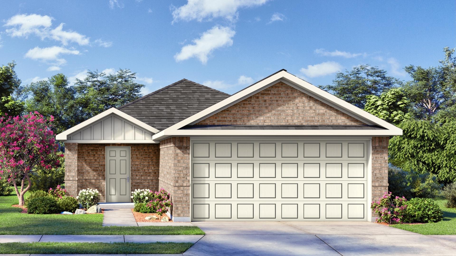 Single-story home rendering with two-car garage.