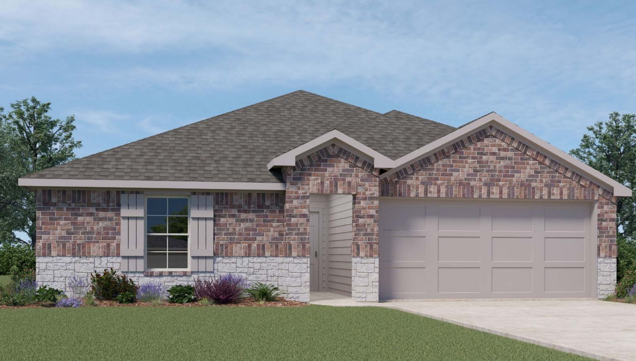 Single-story home rendering with two-car garage.