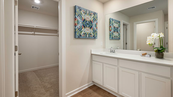 Primary bedroom with ceiling fan, plush carpeting, and a large walk-in closet. A spacious primary bedroom emphasizing open space and natural lighting.
