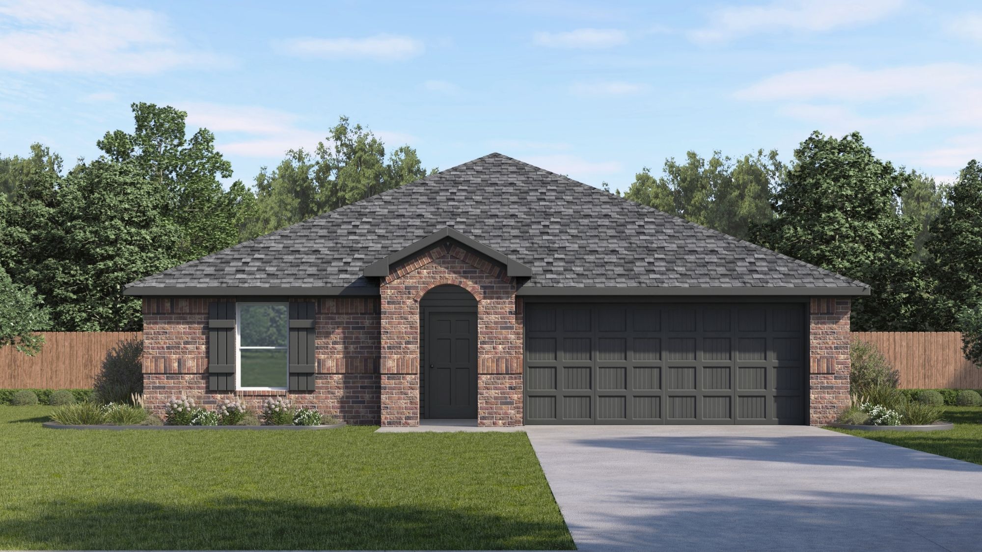Single-story home rendering with two-car garage.