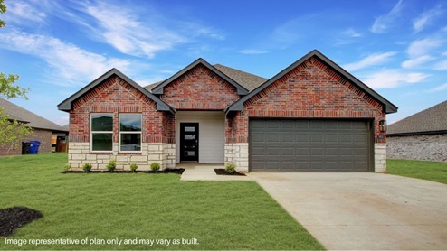 Welcome to the Denton floor plan, where modern charm meets cozy elegance in the heart of The Montereau Community, nestled in scenic Yukon, Oklahoma. This one-story haven offers 3 bedrooms, 2 baths, and a generous 1575 square feet of living space, perfect for those seeking a warm and inviting retreat. From the outside, admire the traditional brick or brick and rock exterior, exuding timeless allure and modern curb appeal. Step inside to discover an open concept layout that effortlessly combines style and functionality. The kitchen features painted white shaker-style cabinets, quartz countertops, and stainless steel appliances, creating a welcoming atmosphere that overlooks the dining area and living room, ideal for gatherings and entertaining. As you explore further, you'll find comfort in every corner. Sink your feet into plush carpeting in the bedrooms, while the main living areas and halls boast durable luxury vinyl wood flooring, adding a touch of rustic charm to your everyday life. Indulge in the luxury of the primary suite, complete with a dual vanity, huge walk-in closet, separate water closet, and a large walk-in shower, ensuring your comfort and convenience. Experience the convenience of smart home features included in every Denton floor plan. Schedule a tour today and discover your perfect blend of modern luxury and cozy warmth at The Montereau Community in Yukon, Oklahoma.