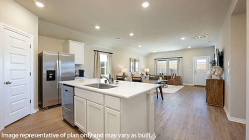 Introducing the Elgin floor plan. The Justin floor plan offers a single-story layout with 4 bedrooms, 2 baths, and an expansive 1831 square feet of living space, catering to the needs of modern families. From the outside, admire the traditional brick or brick and rock exterior, boasting stunning curb appeal that sets the stage for a warm welcome. Step inside to discover an inviting open concept layout, featuring painted white shaker-style cabinets, quartz countertops, and stainless steel appliances, including a gas range, creating a culinary haven that overlooks the dining area and spacious living room. Gather with loved ones in the large central family room, perfect for entertaining or simply unwinding after a long day. Retreat to the comfort of the bedrooms, with plush carpeting enhancing coziness, while the main living areas and halls showcase durable luxury vinyl wood flooring, marrying style with practicality. Indulge in the luxury of the primary suite, complete with a dual vanity, huge walk-in closet, separate water closet, and a large walk-in shower, offering a serene sanctuary for relaxation. Plus, enjoy the convenience of smart home features included in every Elgin floor plan.