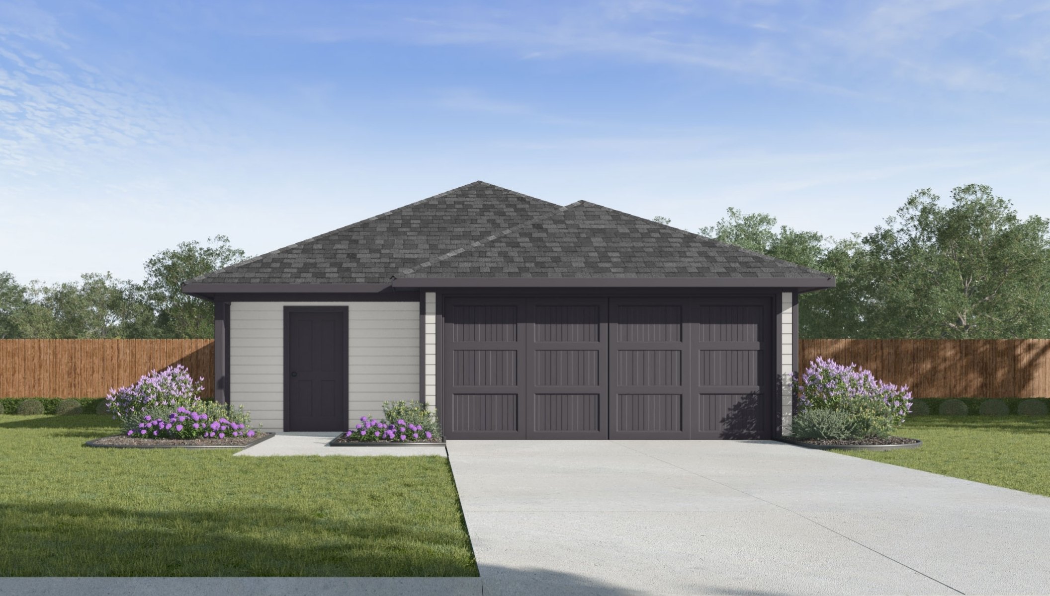 Single-story home rendering with two-car garage.