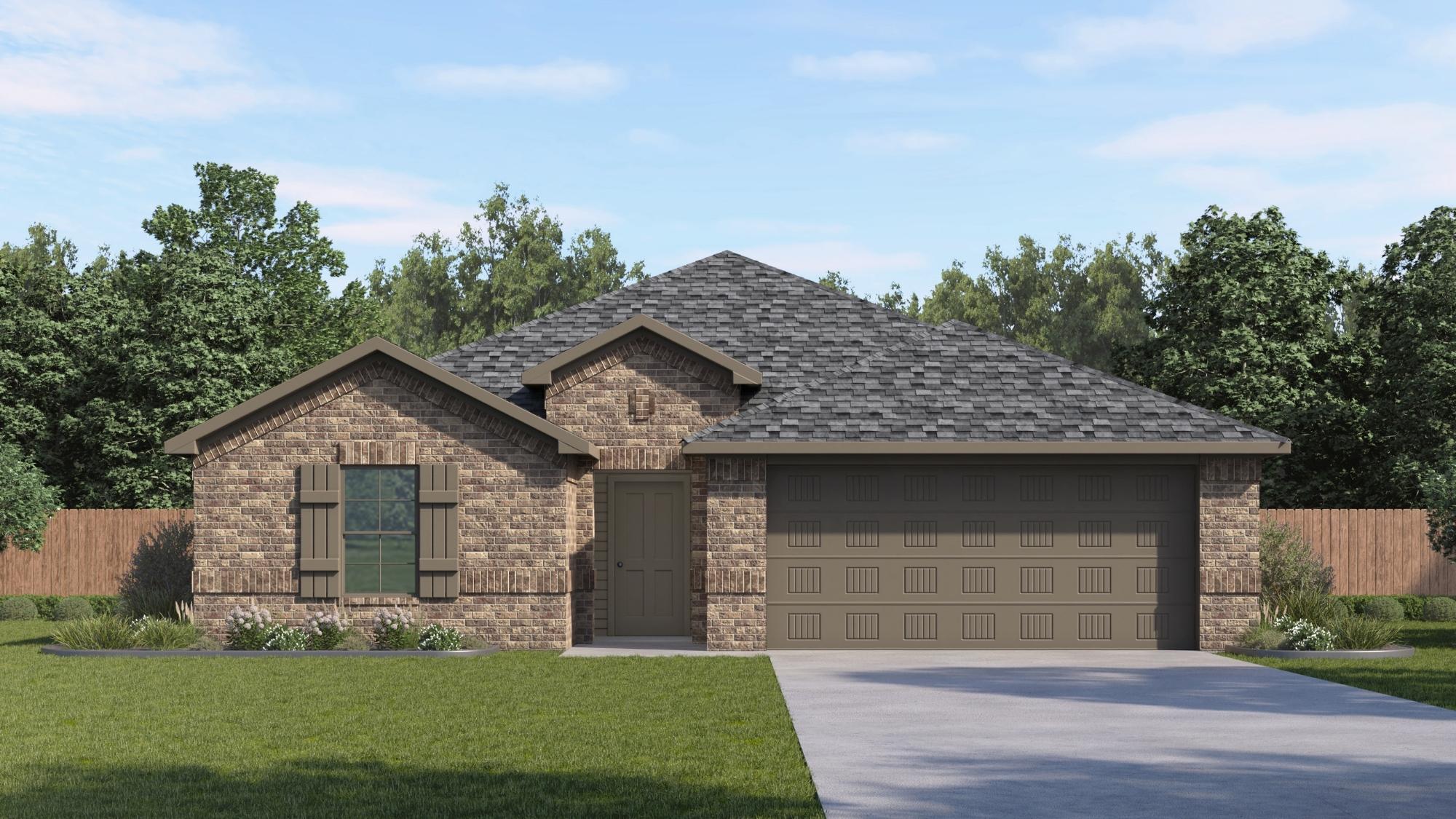 Single-story home rendering with two-car garage.