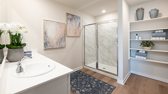 Primary bathroom with enclosed shower and shelving