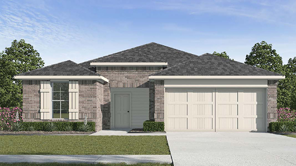 Single-story home rendering with two-car garage.