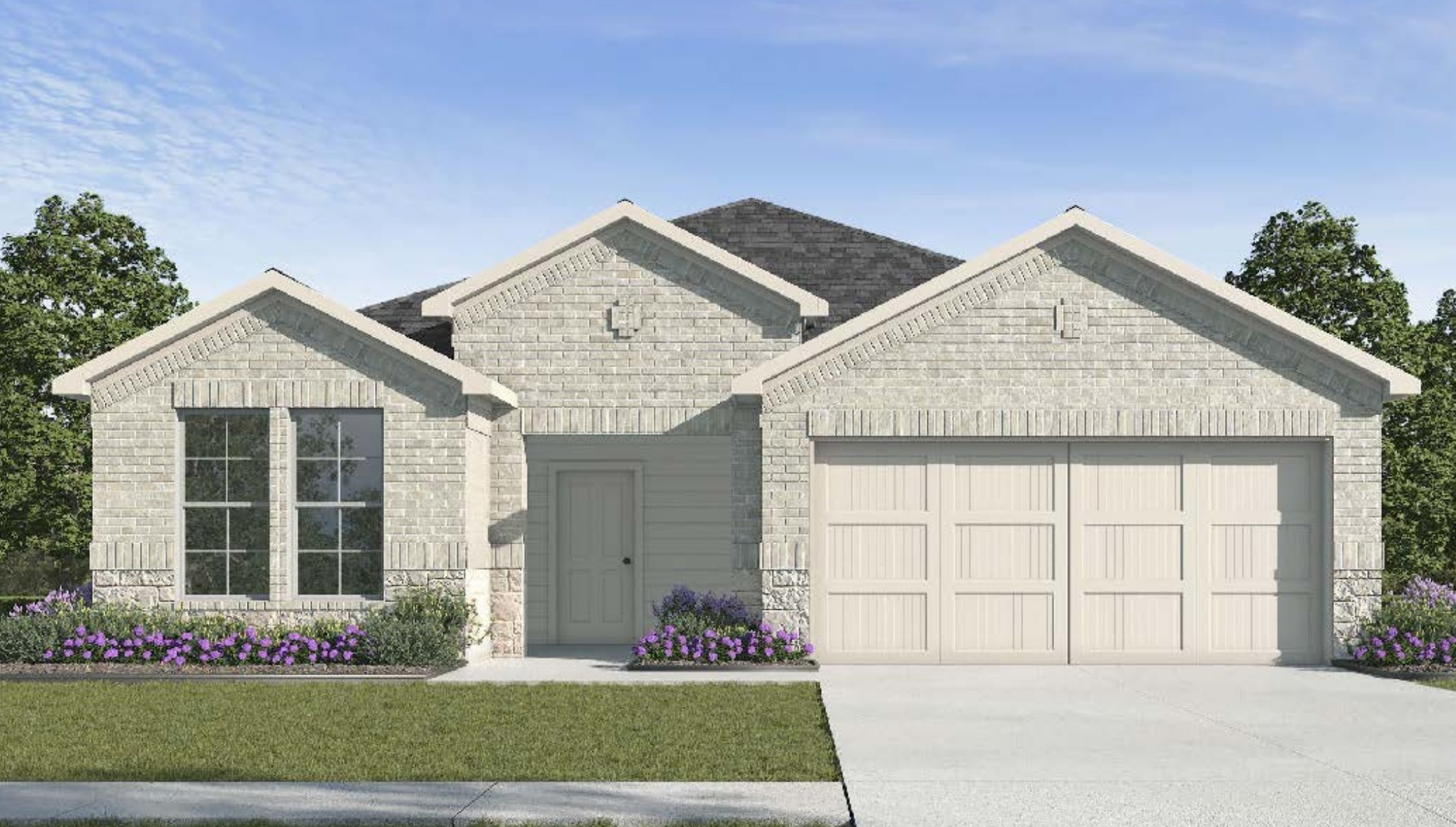 Single-story home rendering with two-car garage.