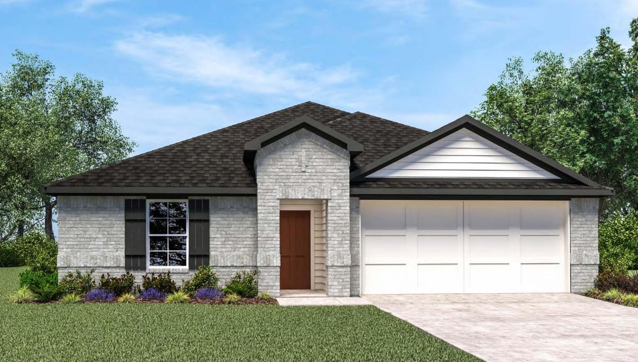 Single-story home rendering with two-car garage.