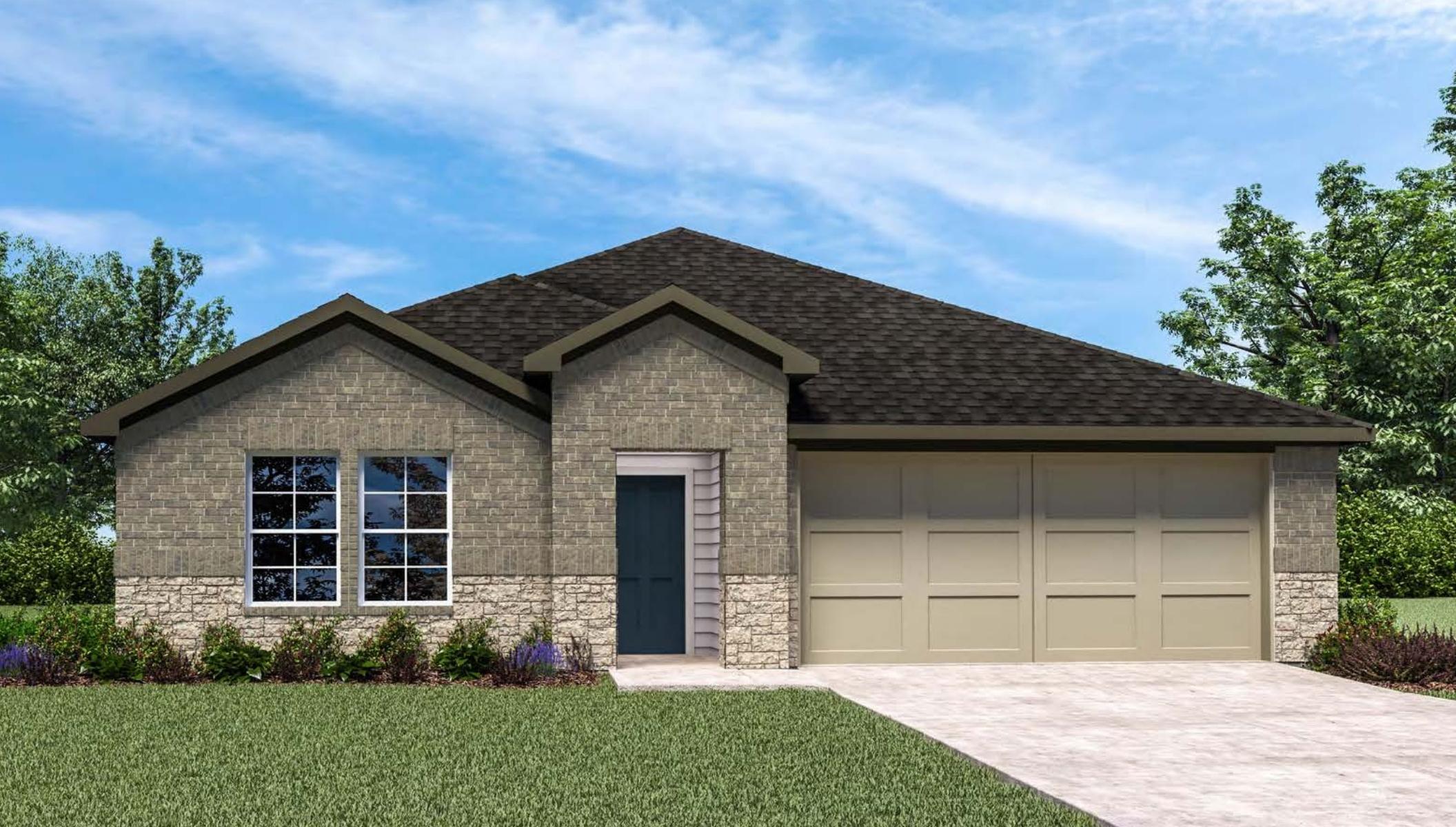 Single-story home rendering with two-car garage.