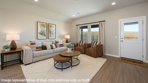 Introducing the Elgin floor plan. The Justin floor plan offers a single-story layout with 4 bedrooms, 2 baths, and an expansive 1831 square feet of living space, catering to the needs of modern families. From the outside, admire the traditional brick or brick and rock exterior, boasting stunning curb appeal that sets the stage for a warm welcome. Step inside to discover an inviting open concept layout, featuring painted white shaker-style cabinets, quartz countertops, and stainless steel appliances, including a gas range, creating a culinary haven that overlooks the dining area and spacious living room. Gather with loved ones in the large central family room, perfect for entertaining or simply unwinding after a long day. Retreat to the comfort of the bedrooms, with plush carpeting enhancing coziness, while the main living areas and halls showcase durable luxury vinyl wood flooring, marrying style with practicality. Indulge in the luxury of the primary suite, complete with a dual vanity, huge walk-in closet, separate water closet, and a large walk-in shower, offering a serene sanctuary for relaxation. Plus, enjoy the convenience of smart home features included in every Elgin floor plan.