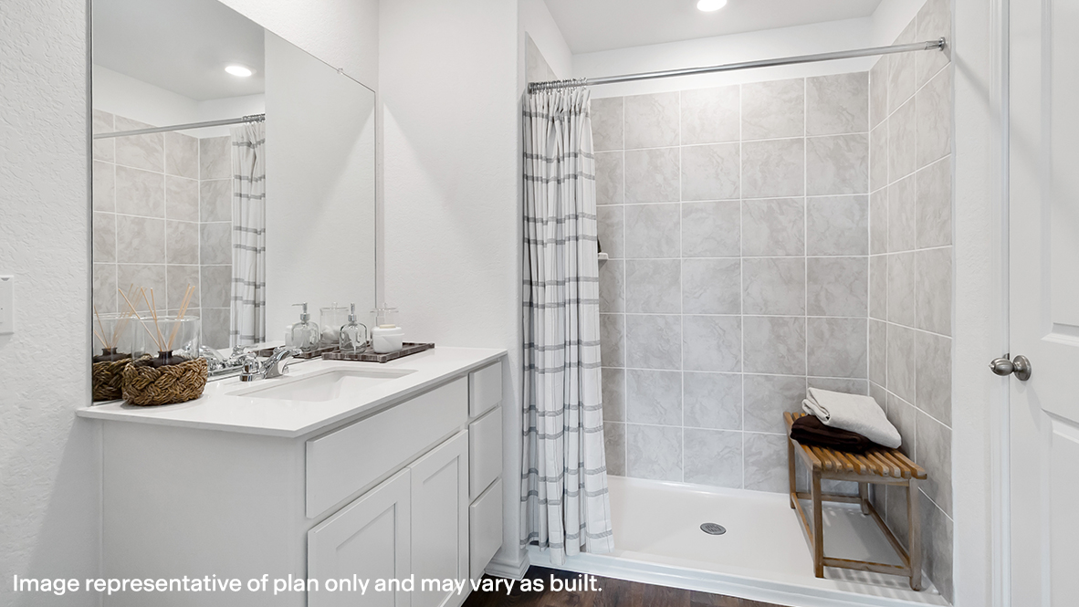 Full bathroom with vanity and a stall shower