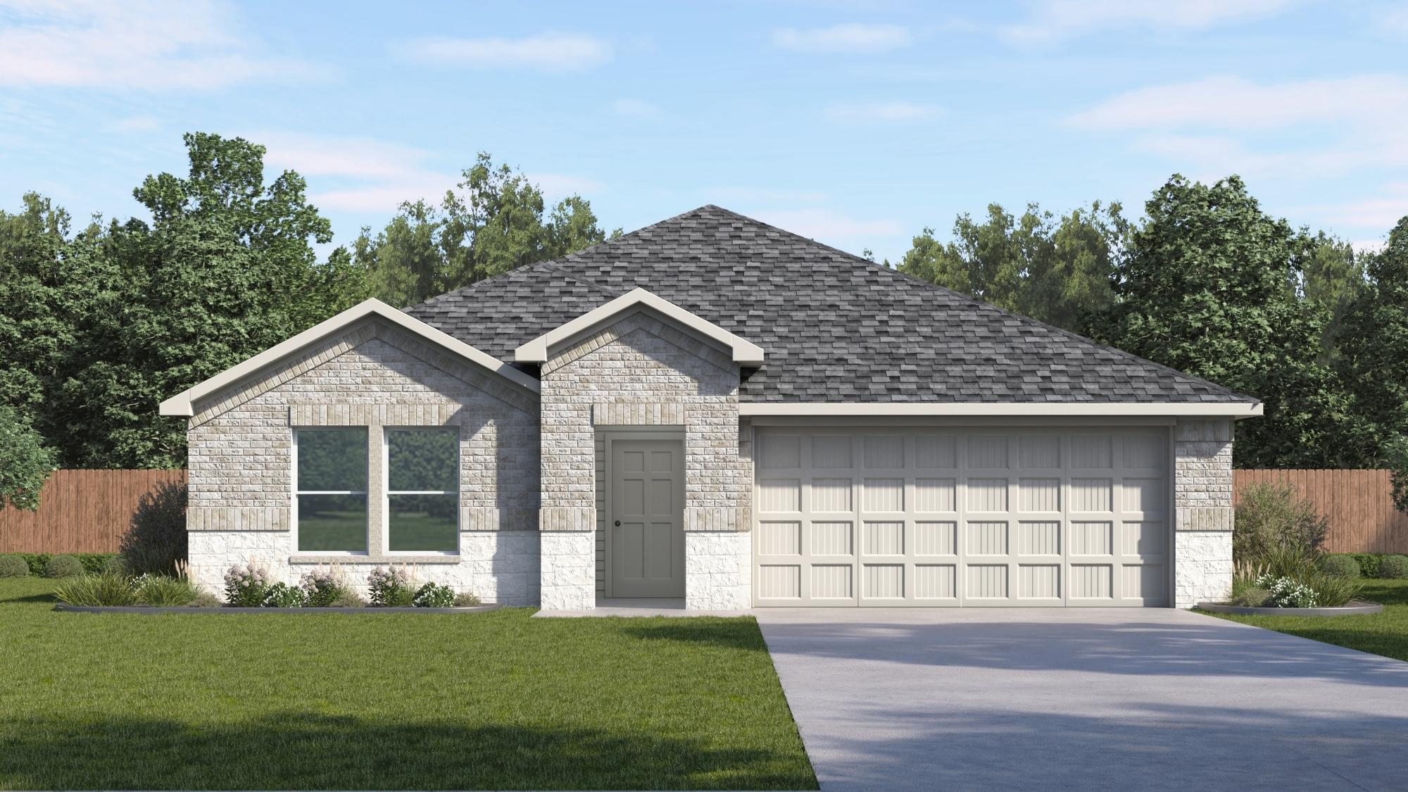 single story home rendering with brick and stone