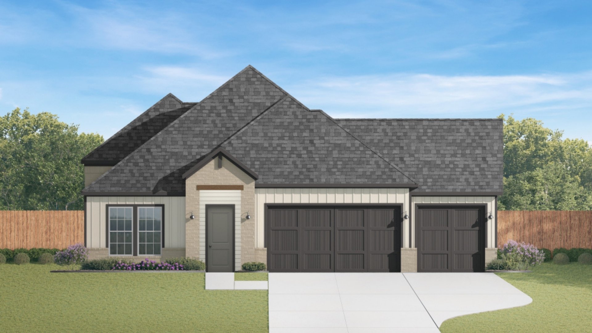 rendering of new home with three car garage