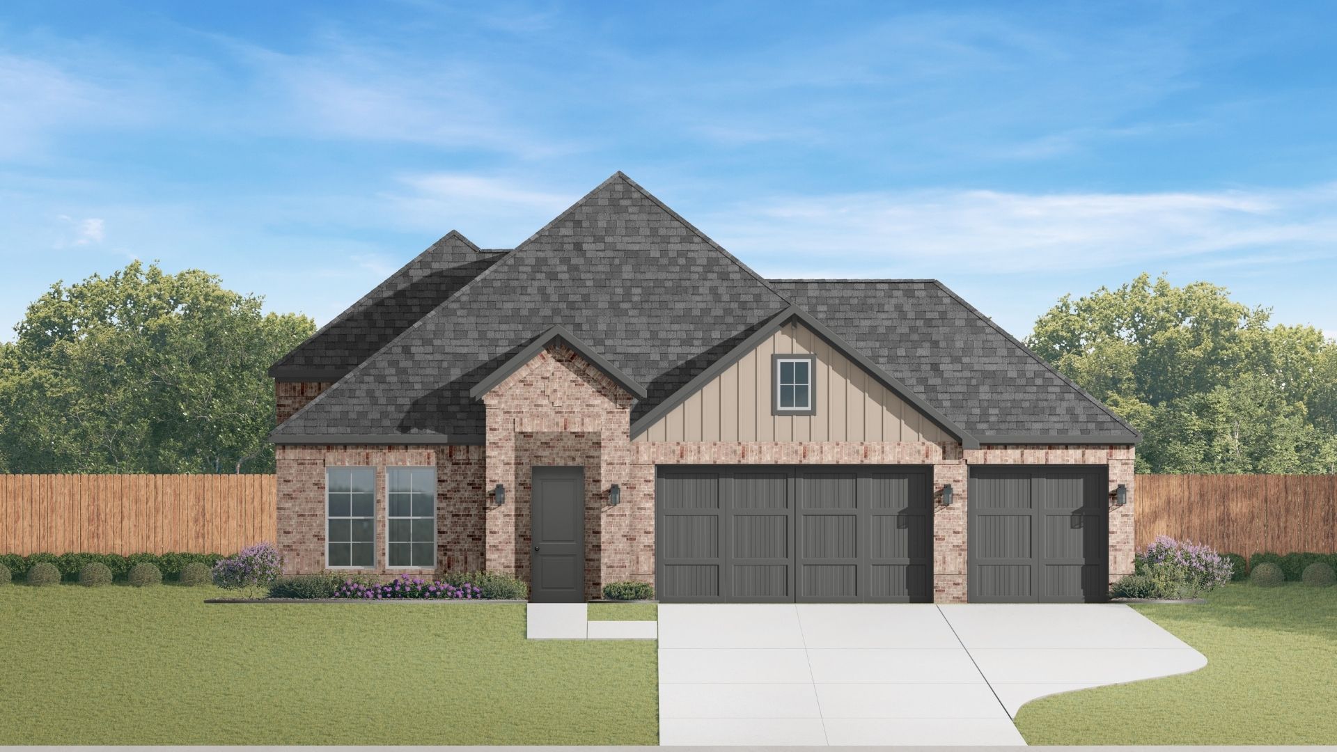 rendering of new home with three car garage