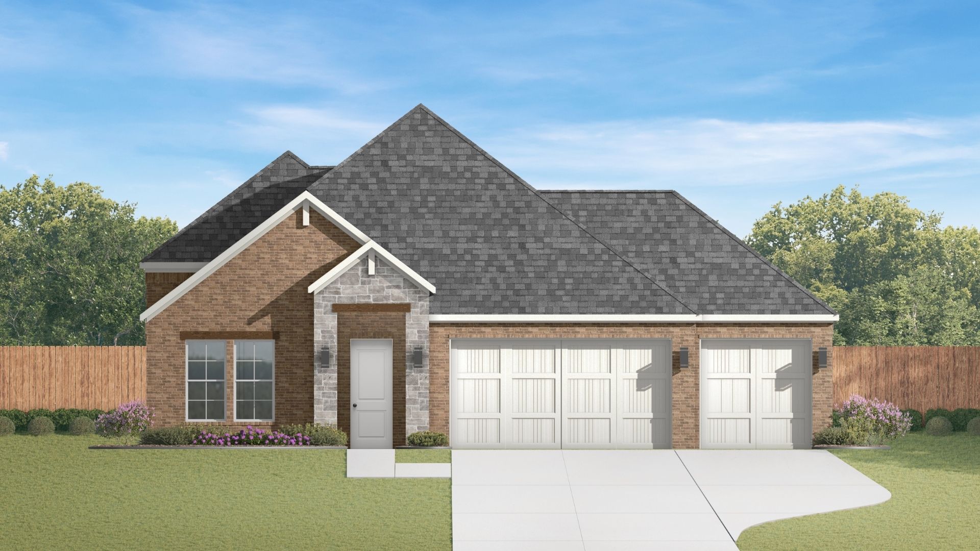 rendering of new home with three car garage