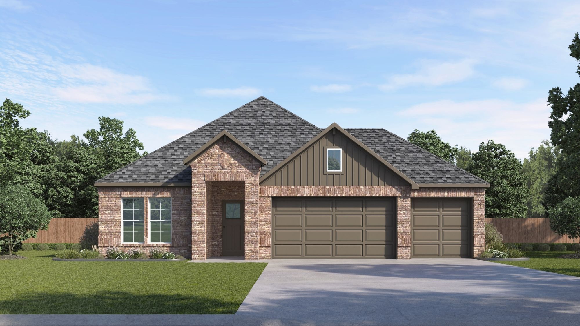 single story home rendering with brick and siding