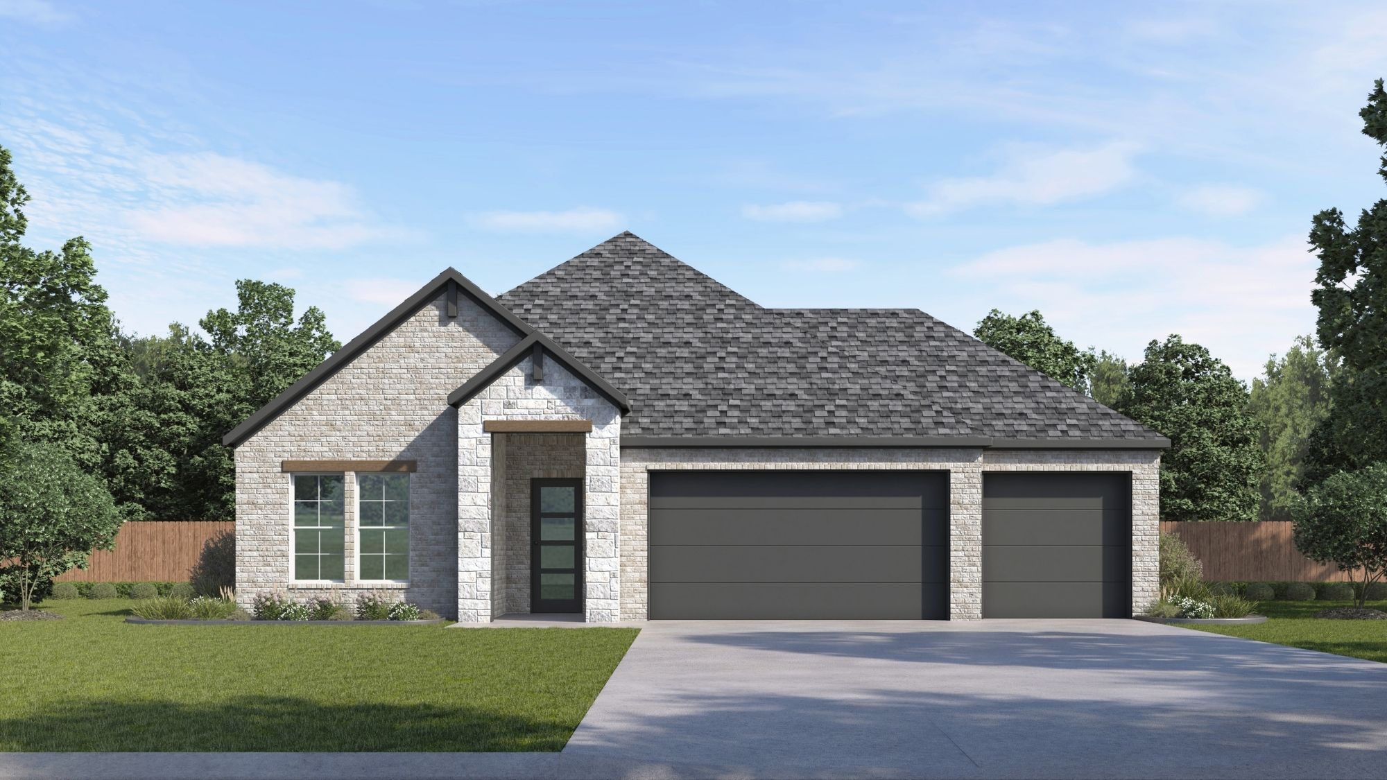 single story home rendering with stone