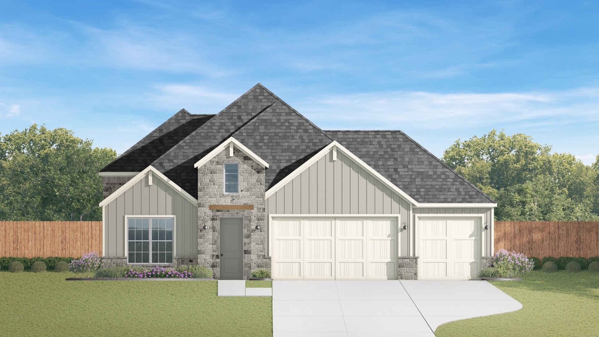 single story home rendering with three car garage
