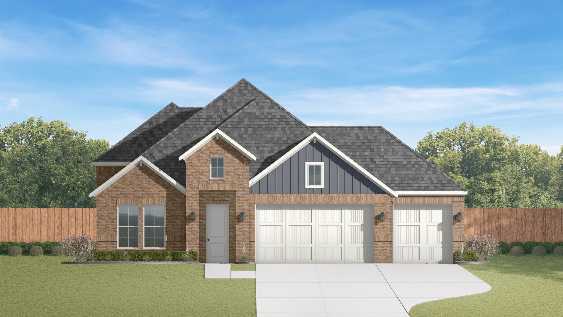 single story home rendering with three car garage