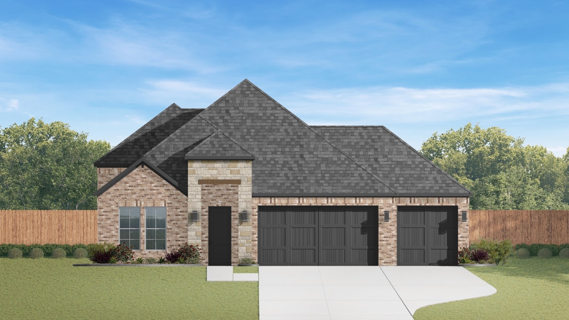 single story home rendering with three car garage