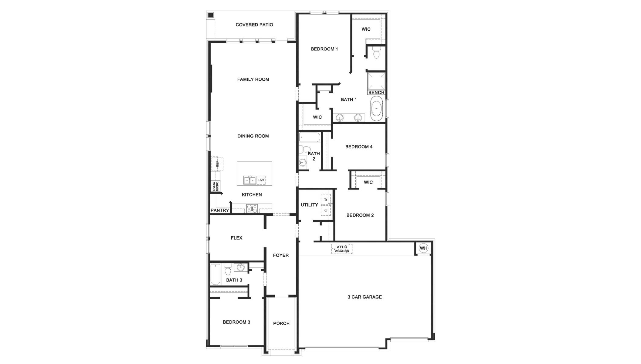 single story floor plan with three car garage