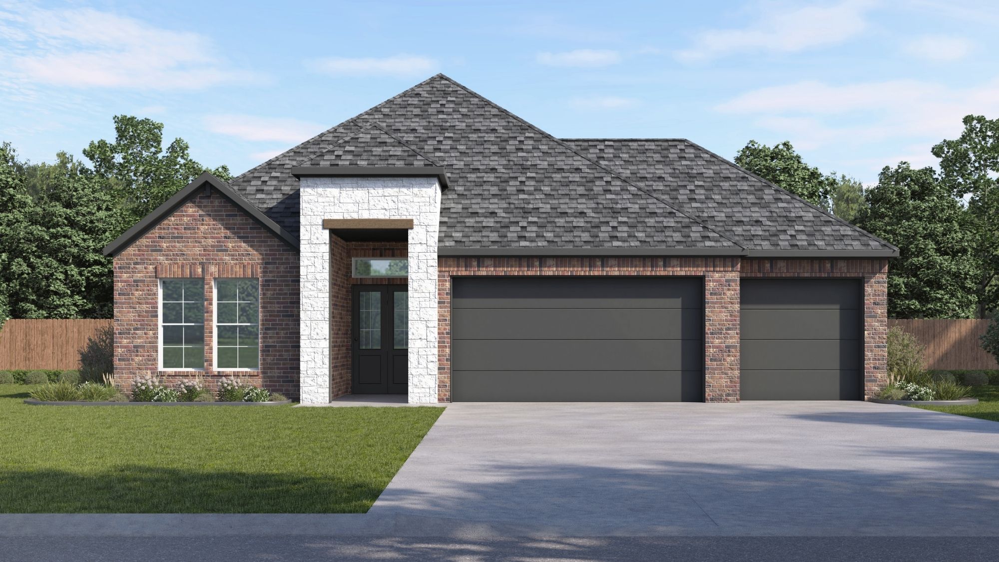 single story home rendering with brick and stone