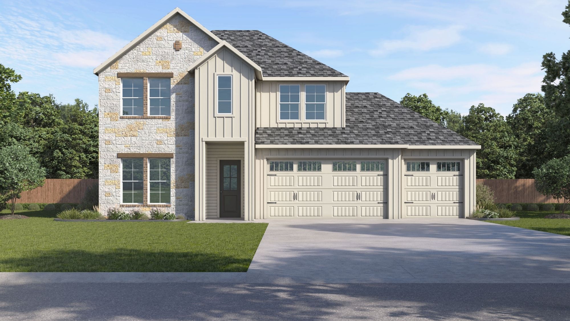 two story home rendering with siding and stone