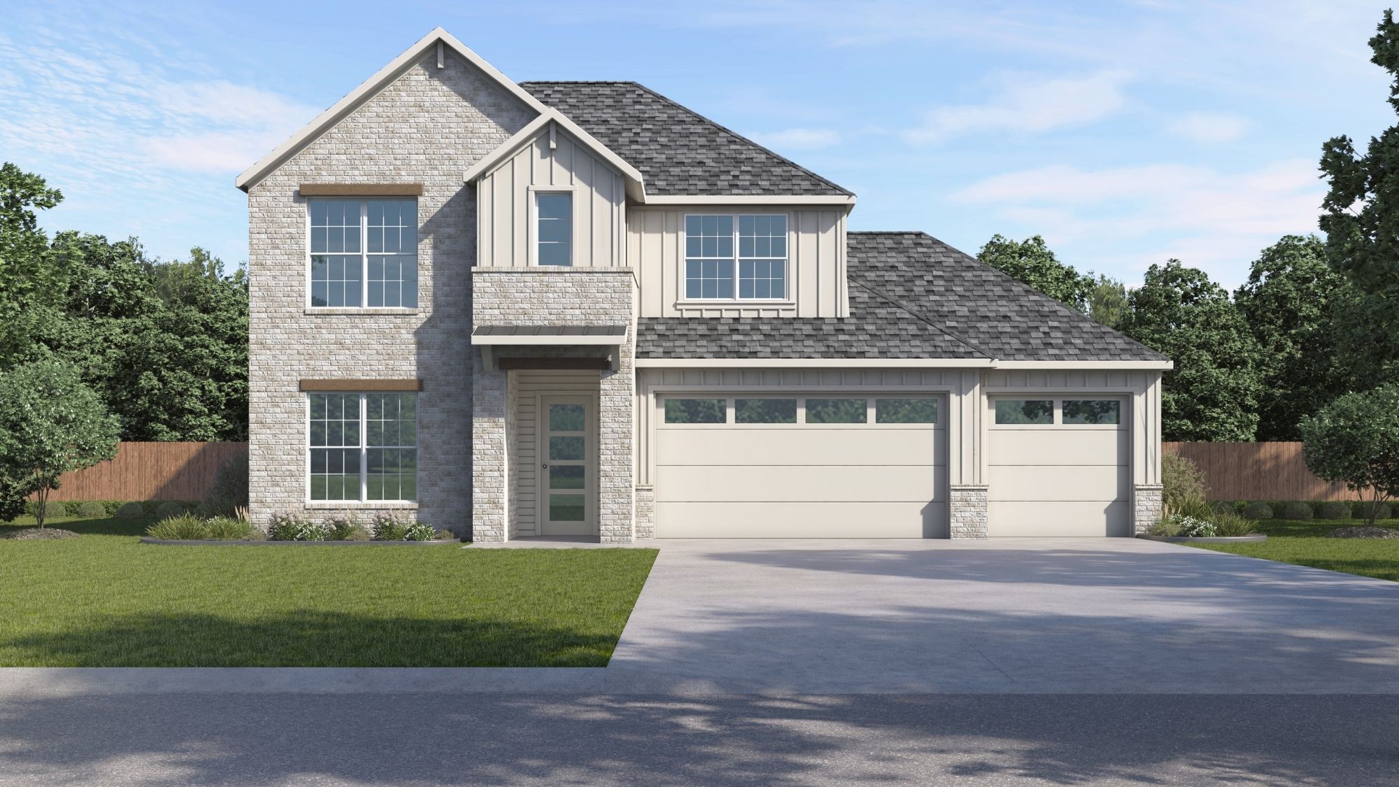 two story home rendering with stone and brick