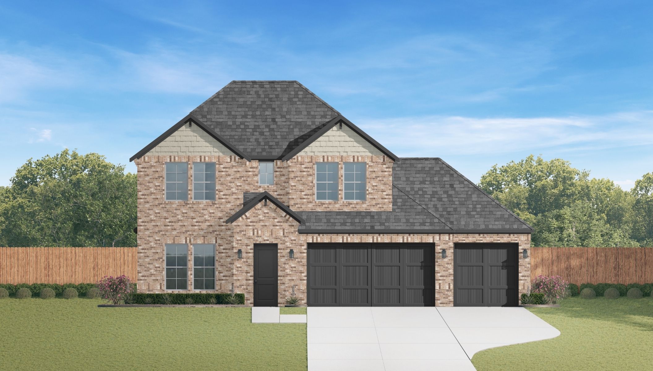two story rendering with brick and three car garage