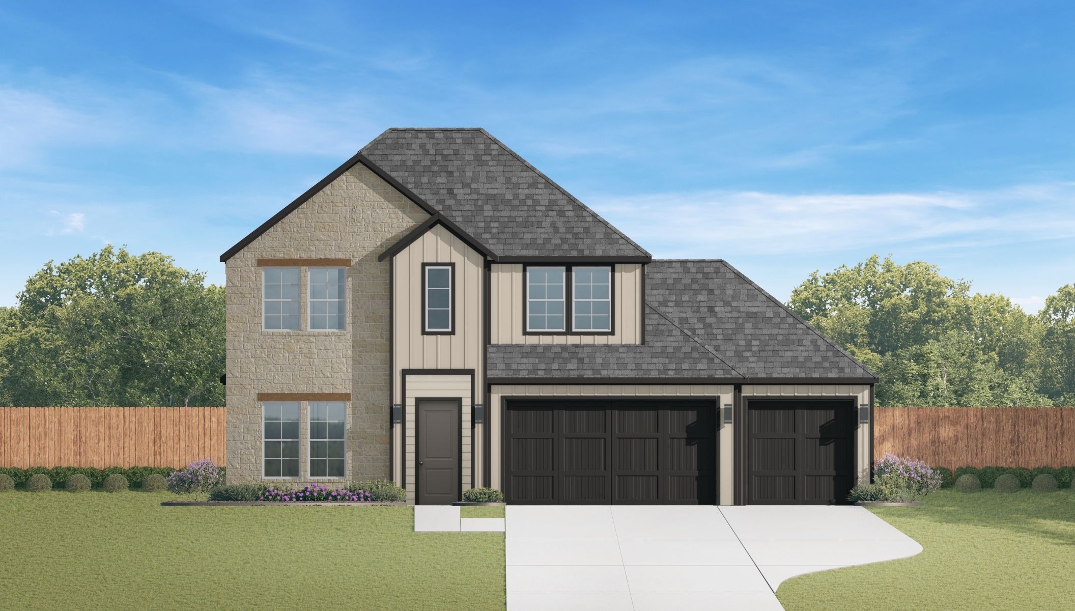two story rendering with siding and three car garage