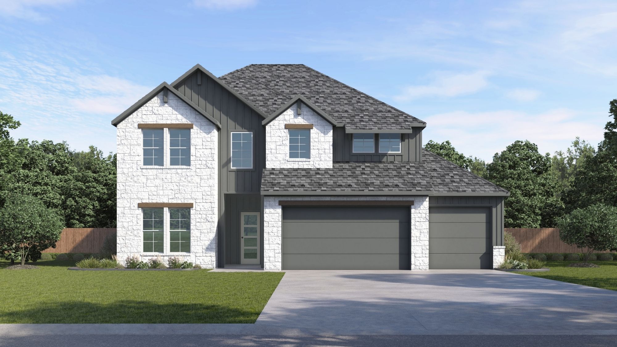 two story rendering with stone