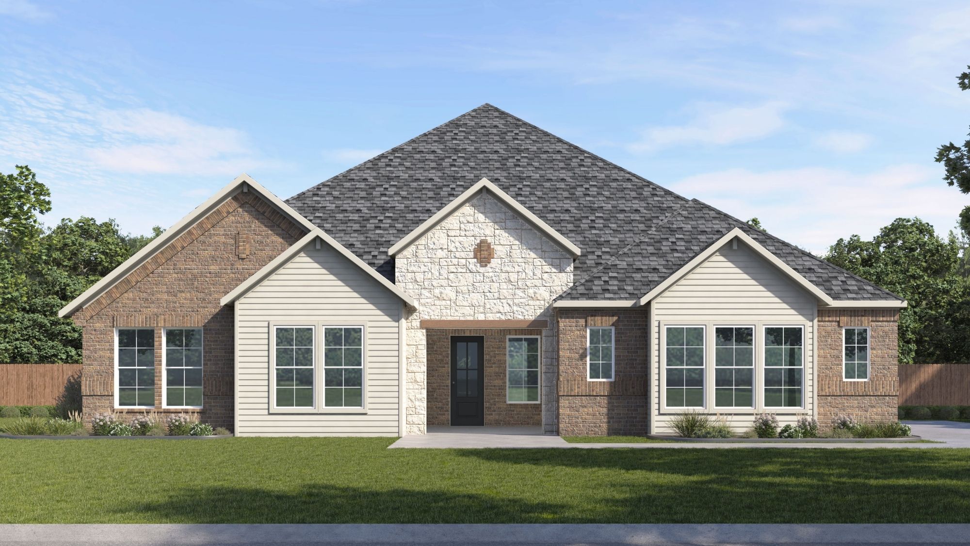 single story home rendering with brick and stone
